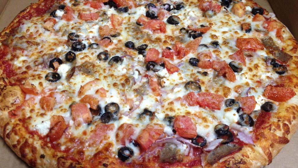 Greek Pizza · Mozzarella, Cherry Tomato, Feta Cheese, Olives, EVOO
