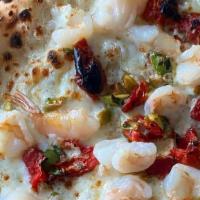 Shrimp Pizza · Sundry tomatoes, mozzarella cheese and fresh basil.