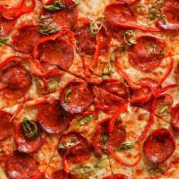 Diablo Pizza · Fresh Mozzarella, Spicy Sausage, Long Hats, Fresh Chilli