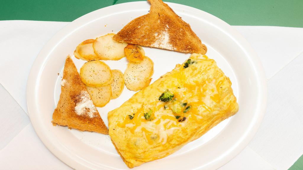 Broccoli Cheddar Omelette Breakfast · Served with toast (white wheat rye or tortillas) and homefries.