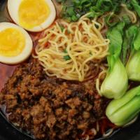 Spicy Tantanmen Ramen · Spicy, Rare. Spicy sesame tantanmen soup, lightly sweet marinated ground pork, marinated soy...
