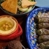 Mixed Appetizer Platter · Hummus, kebbeh, fattouch, warak enab, falafel, msakaa.