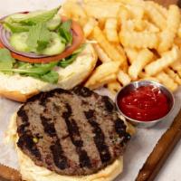 Lebanese Burger · Our special Lebanese homemade burger comes with hummus, fresh mint, tomato, onion, cucumber ...