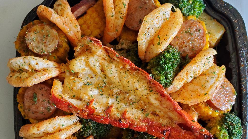 Lobster, Shrimp, Crab · One (1) Crab Cluster, Ten (10) Shrimp, One (1) Lobster Tail, Corn, Potatoes, Turkey  Kielbasa Sausage and Brocoli.