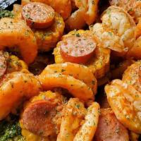 Pimpin Shrimp · Twenty (20) Shrimp, Corn, Potatoes, Turkey  Kielbasa Sausage and Brocoli.