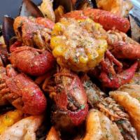 The Louisiana Pimp Walk · I Lb Crawfish, 1lb Shrimp, 1lb Mussels, Corn, Potatoes, Turkey  Kielbasa Sausage and Brocoli.