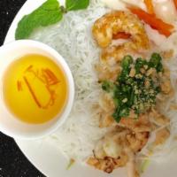 Grilled Shrimp On Rice Vermicelli · Served with peanut crusted, scallion oil, lettuce, cucumber, pickled shallot, pickled carrot...