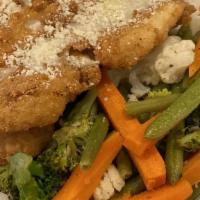 Parmesan Crusted Flounder · Grated parmesan breaded flounder sautéed in a butter and white wine sauce.