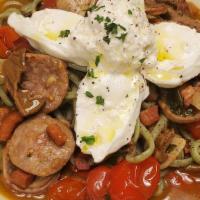 Pasta E Burrata · Spinach linguini, pancetta, fresh burrata, porcini mushrooms, cherry tomatoes and roasted ga...