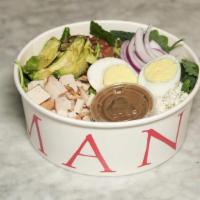 Chicken Cobb Salad · mixed kale blend, grilled chicken, crispy bacon, hard boiled egg, grape tomatoes, red onion,...