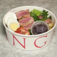 Tuna Nicoise Salad · mesclun, grape tomatoes, haricots verts, fingerling potatoes, hard boiled egg, black olives,...