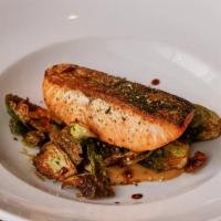 Salmon A La Plancha · Made without gluten. Brussel sprouts, ginger, sesame, and miso.