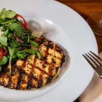 Chicken Paillard · Made without gluten. Arugula, pickled red onion, cherry tomatoes, fresno peppers, and parmig...