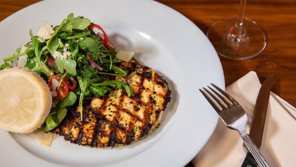 Chicken Paillard · Made without gluten. Arugula, pickled red onion, cherry tomatoes, fresno peppers, and parmigiano reggiano.