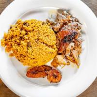 Roasted Pork / Pernil · One side order included rice and bean pigeon peas with rice tostones mashed potato fried cas...