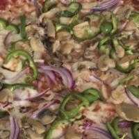 Veggie Pizza · Mushrooms, peppers, onions, black olives & mozzarella cheese.