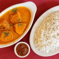 Chicken Makhani · Boneless chicken marinated and grilled in the clay oven with mango chutney and creamy sauce,...