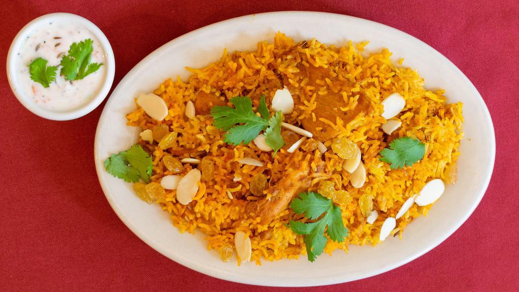 Biryani · A rice delicacy. Basmati rice, whole masalas, yogurt, saffron.