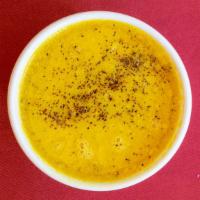 Mulligatawny Soup · Yellow lentils, cumin, ginger.