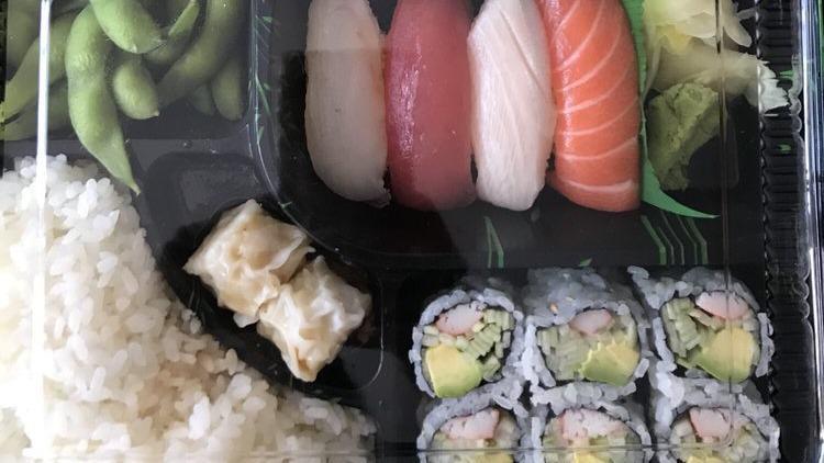 Sushi Bento Box Lunch Special · Four pieces. Served with salad, soup, edamame, shumai, California roll and choice of rice.