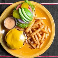 Mexicanas Cheeseburger · Served with avocado, onions, lettuce, tomato, pickles served with French fries.