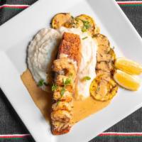 Noches Salmon And Shrimp · Blackened Salmon and Shrimp topped with cajun lime cream sauce served with mash potatoes and...