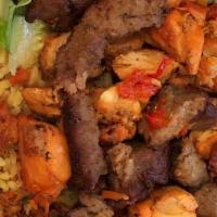 Mediterranean Chicken & Lamb With Rice (Mix) · Mediterranean chicken & lamb with vegetables served over a bed of seasoned rice & salad.