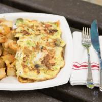 Vegetable Omelette Platter: Onions, Peppers, Tomatoes, Mushroom & Broccoli, Home Fries & Toast. · Tomatoes, onions, peppers, mushrooms and broccoli served with home fries and toast.