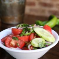 Qartuli Salata · Vegan, gluten free. Georgian salad, fresh tomatoes, cucumbers, red onions, basil, vinegar, o...