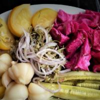 Pickle Assortment · Vegan, gluten free. Cucumber, tomatoes, garlic, jonjoli (capers), red cabbage. (Keto-friendl...