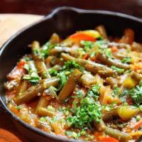 Mtsvane Lobio · Vegan, gluten free. Green beans, cooked with white onions, fresh tomatoes and herbs (poached...