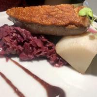 Duck Breast · Braised Red Cabbage, Caramelized Turnip, Fig Red Wine Emulsion