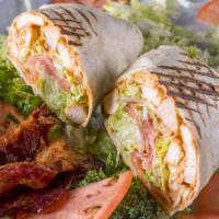 Chipotle Chicken Blt Sandwich · Grilled chipotle chicken, bacon, tomato, Parmesan cheese mayo & Caesar dressing on wrap.