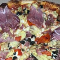 Rustica Pizza Pie · Fresh tomato basil sauce, marinated roasted peppers, fresh tomatoes, black olives and Mozzar...