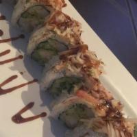 Ez Roll (8) · Shrimp tempura, crab, cucumber, avocado with spicy crab and eel sauce on top.