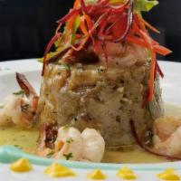 Dc Classic Mofongo · Smashed plantains infused with garlic topped with Pork, Skirt steak, or shrimp