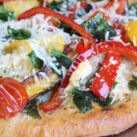 Small Mediterranean · On a light garlic base pizza, we layer mozzarella, roasted red peppers, artichokes, baby spi...