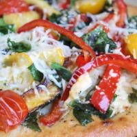 Large Mediterranean · On a light garlic base pizza, we layer mozzarella, roasted red peppers, artichokes, baby spi...