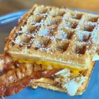 Waffles · Fresh fruit and mascarpone or bacon and cheddar.
