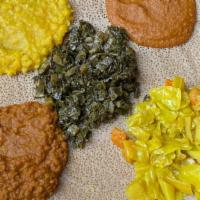 Ethiopian Veggie Combo For 2 · Vegan. Shiro, atakilt, messer, kik alicha, gomen, and injera.