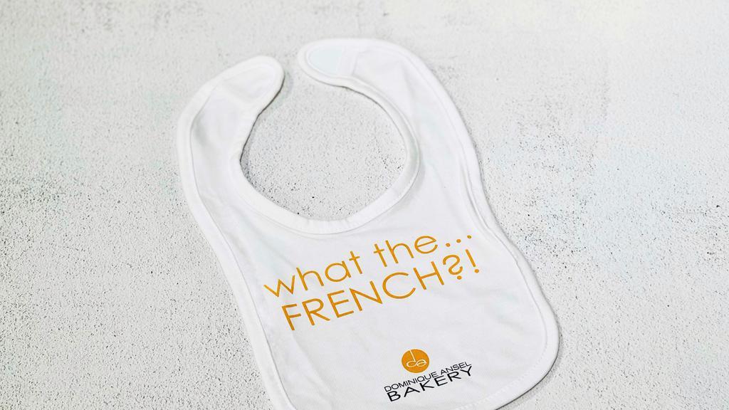 What The French?! Baby Bib · What the French?! We love this adorable cotton baby bib - and it's perfect for your littlest gourmet foodie.

100% cotton, one size, velcro fastening, machine washable.