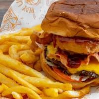 Jersey Burger + Fries · Lettuce, tomatoes, onion rings, bbq sauce, applewood smoked bacon and cheddar cheese and sid...