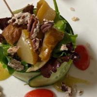 Pear & Mesclun Green Salad · Served with candied pecans, soft herbs, and in sherry emulsion.