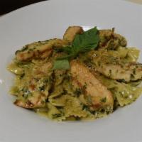 Farfalle Pesto With Grilled Chicken · Served with crispy panko on top