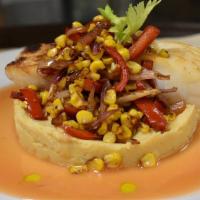 Pan Roasted Halibut · Served over a bed of cauliflower and chickpea puree, with roasted corn relish and finished w...