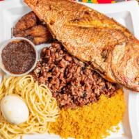 Waakye · With choice of fried fish, Chicken stew or Goat Stew