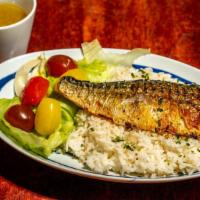 鯖の塩焼き / Saba Shioyaki · Grilled mackerel serve it with steamed rice, shoyu soup, and salad.