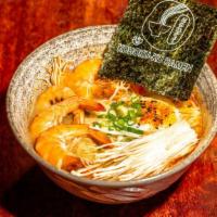 エビ / Ebi Ramen · Spicy. Spicy shrimp broth, topped with shrimp, enoki mushroom, scallion, onsen egg, and nori.