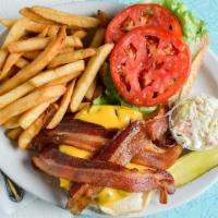 Bacon Burger Deluxe · Comes with cheese. Served with lettuce, tomato, coleslaw and pickle with your choice of one ...