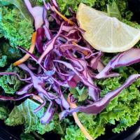 Kale Salad · Kale, baby spinach, shredded purple cabbage, carrots. Add avocado